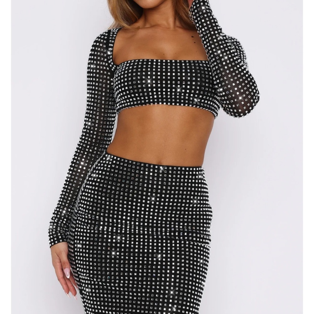 White Fox Boutique Black and Silver Studded Skirt Set